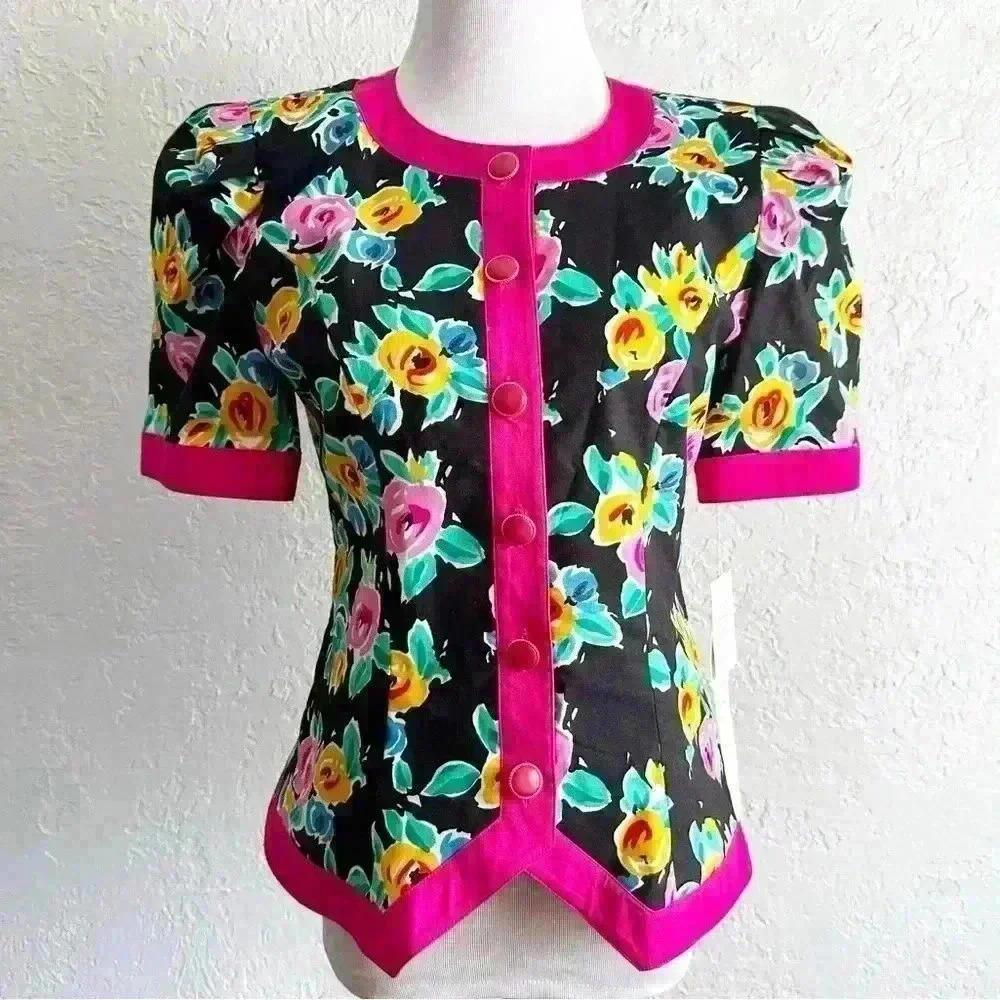 Vintage David Warren deadstock floral puff sleeve‎ button front top size 6